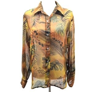 Jordan Womens Sheer Tropical Palm Animal Print Button Down‎ Blouse Orange Medium